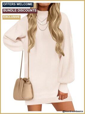 Mock Neck Mini Sweater Dress Lantern Long Sleeve Ribbed Knit Pullover